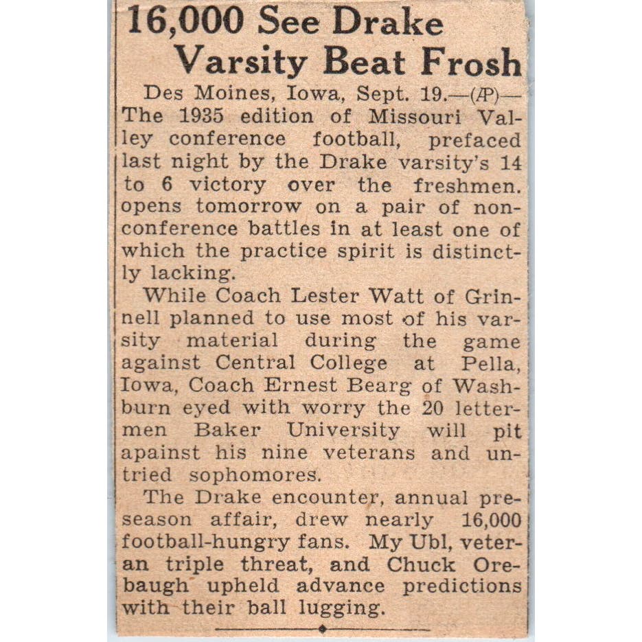 Drake Varsity Beat Frosh Des Moines IA 1935 Minneapolis Journal Article AE7-N6