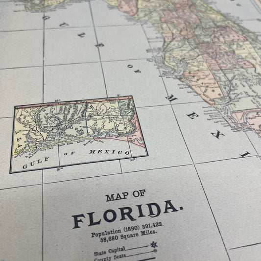 1899 Map of Florida 10x13 Original Tinted Map Engraving FL6-8