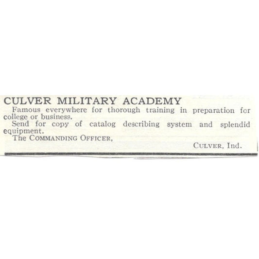 Culver Military Academy Culver Indiana c1918 Original Advertisement AE5-SA10