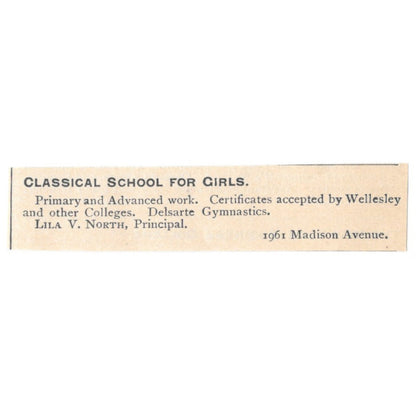 Classical School for Girls Lila V. North Madison Ave NY 1892 Magazine Ad AK6-S3