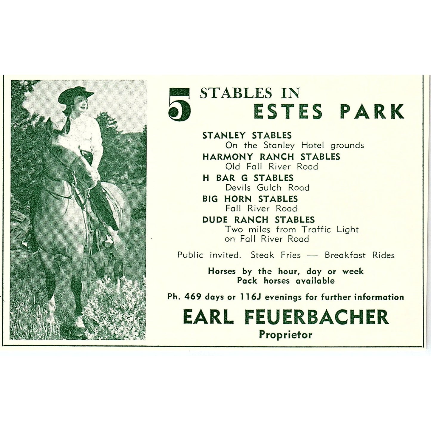 Earl Feuerbacher Stables Stanley Harmony 1957 Estes Park CO Ad AG4-H1