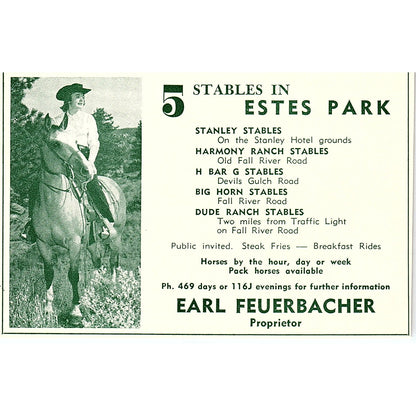 Earl Feuerbacher Stables Stanley Harmony 1957 Estes Park CO Ad AG4-H1