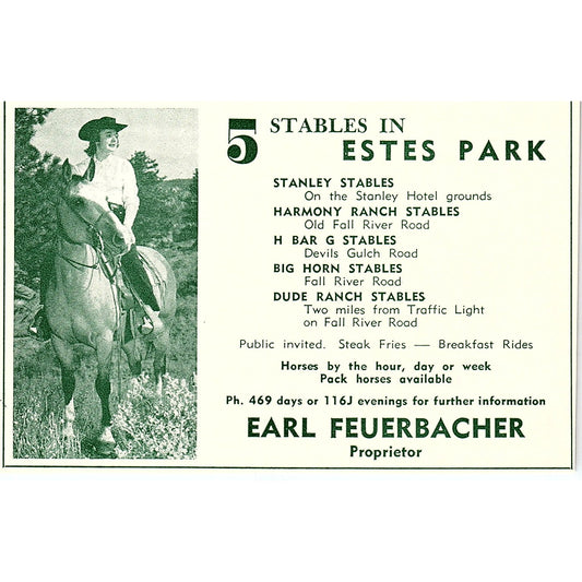 Earl Feuerbacher Stables Stanley Harmony 1957 Estes Park CO Ad AG4-H1