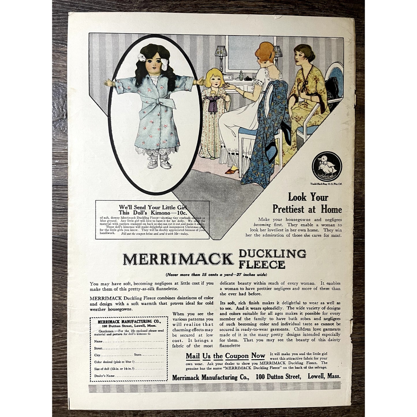 Merrimack Mfg Co Duckling Fleece Lowell MA Vintage Magazine Ad 10x14 V11