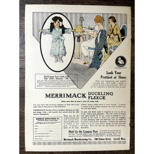 Merrimack Mfg Co Duckling Fleece Lowell MA Vintage Magazine Ad 10x14 V11