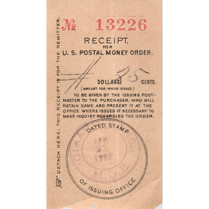 1902 US Postal Money Order Receipt Stub Girard Kansas AD8-Q2