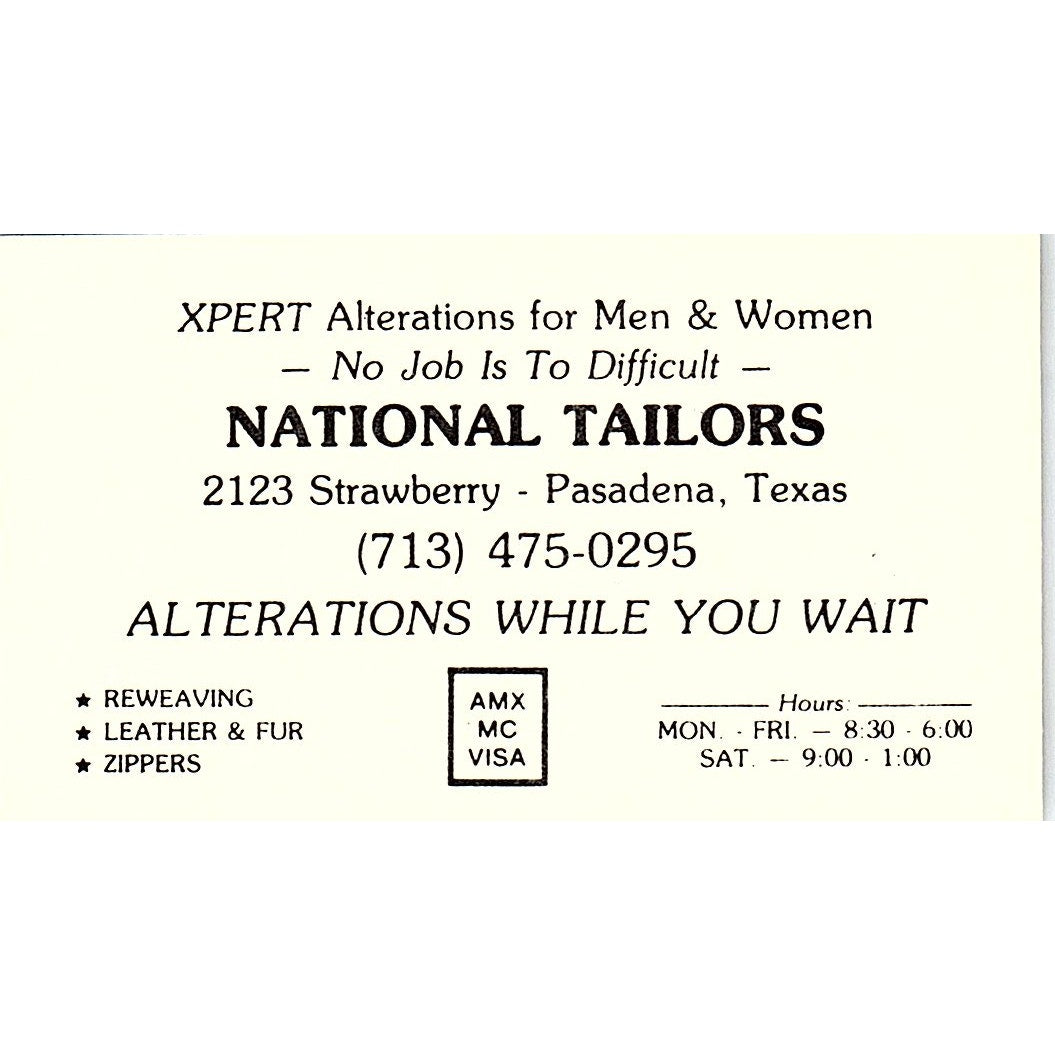 National Tailors 2123 Strawberry, Pasadena TX Vintage Business Card SC9-B6