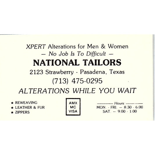 National Tailors 2123 Strawberry, Pasadena TX Vintage Business Card SC9-B6