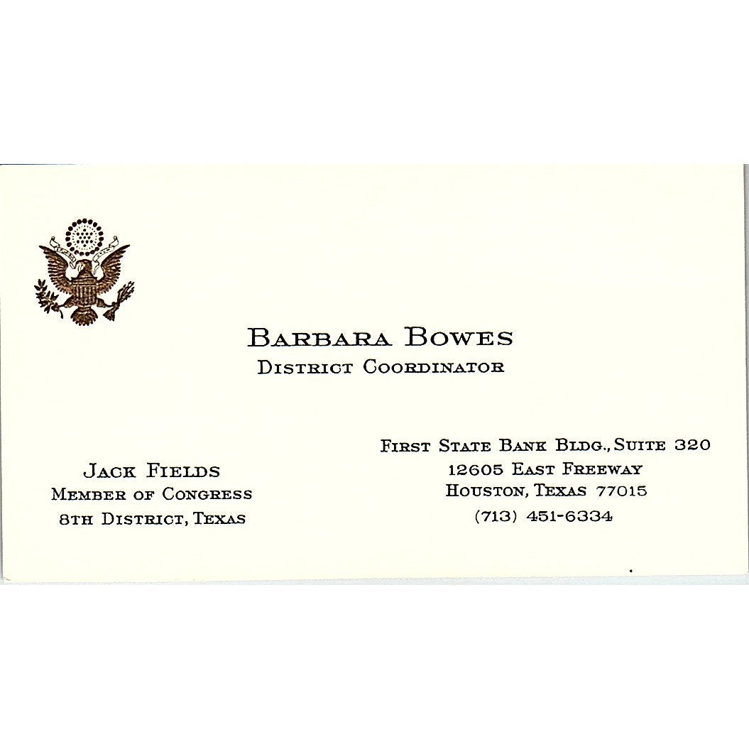 Barbara Bowes Jack Fields Houston Texas Vintage Business Card SF3-B3