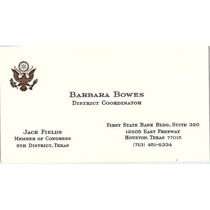 Barbara Bowes Jack Fields Houston Texas Vintage Business Card SF3-B3