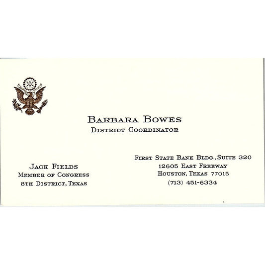 Barbara Bowes Jack Fields Houston Texas Vintage Business Card SF3-B3
