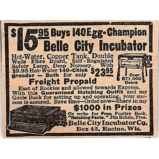 Belle City Incubator Co Racine WI 1920 Ad AG2-M6