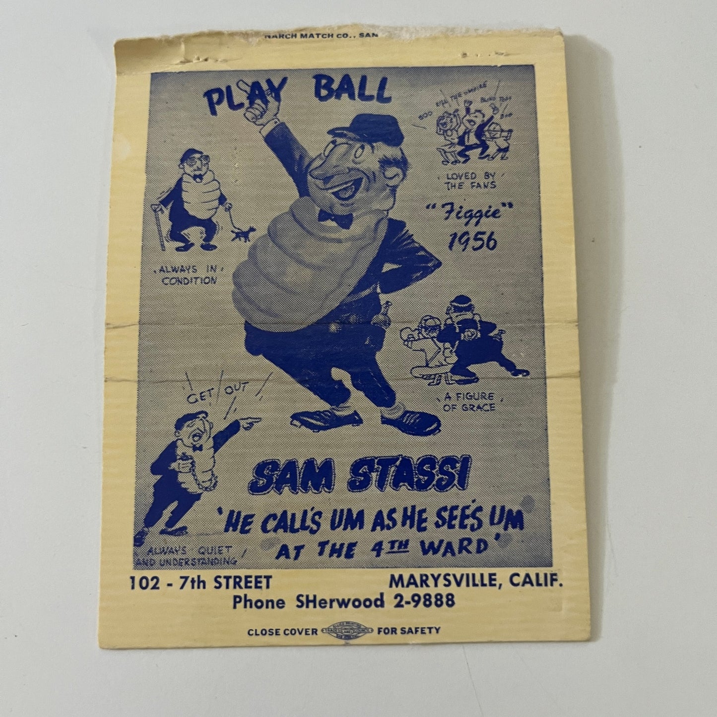 Sam Stassi Umpire Marysville CA Baseball 1956 Matchbook Cover TE2-MKO-4