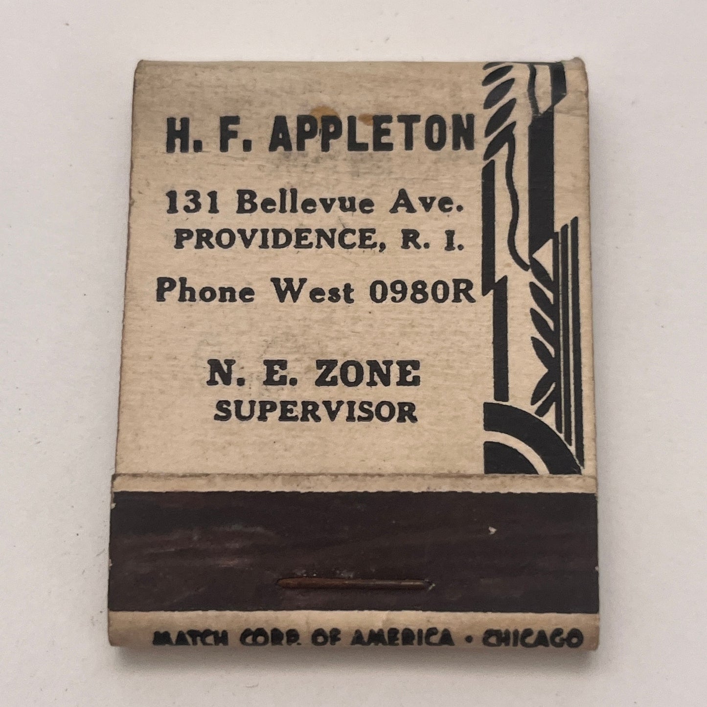 H.F. Appleton N.E. Zone Supervisor Providence RI Matchbook Cover TB8-MB2-5