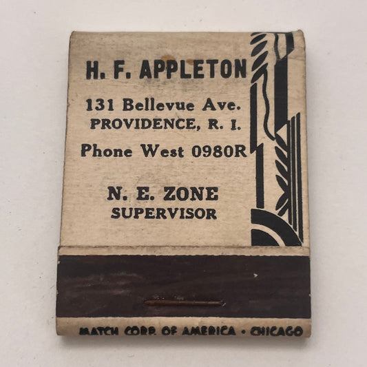 H.F. Appleton N.E. Zone Supervisor Providence RI Matchbook Cover TB8-MB2-5
