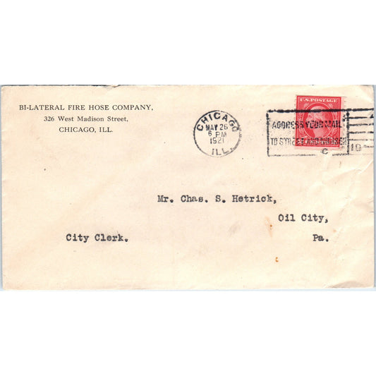 1921 Bi-Lateral Fire Hose Co Chicago Chas. S. Hetrick Oil City Envelope TG7-PC1