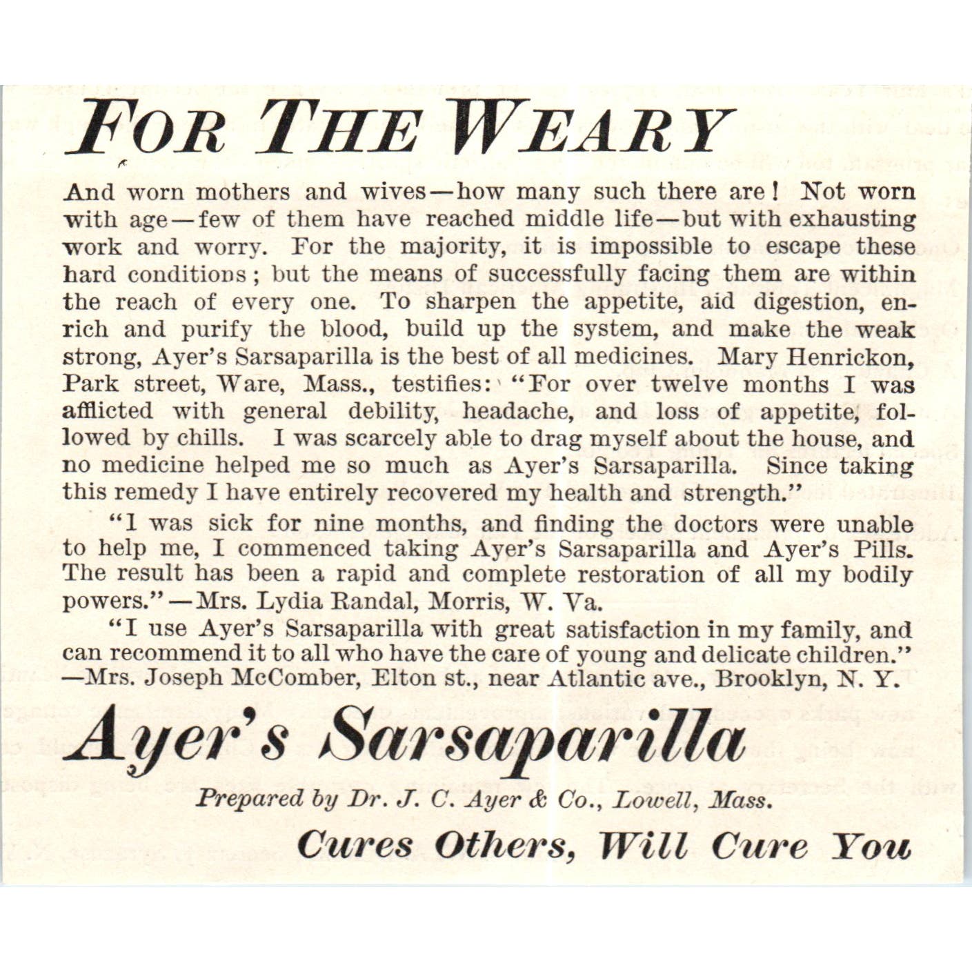 Ayer's Sarsaparilla For The Weary Lowell MA c1890 Victorian Ad AE8-CH1