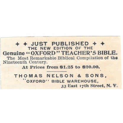 Thomas Nelson and Sons Oxford Bible Warehouse East 17th St NY 1894 Ad AK6-S7