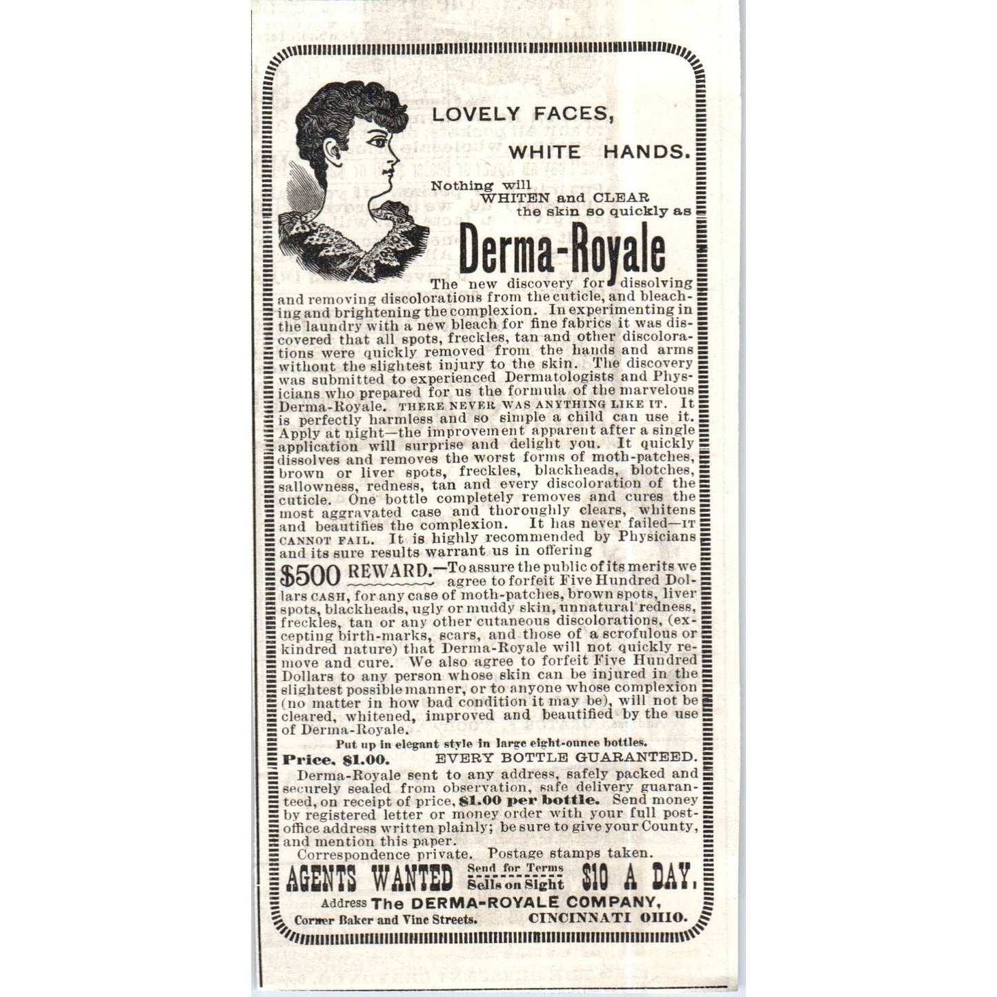 Derma-Royale Skin Care Agents Wanted Cincinnati c1890 Victorian ad AE8-CH3