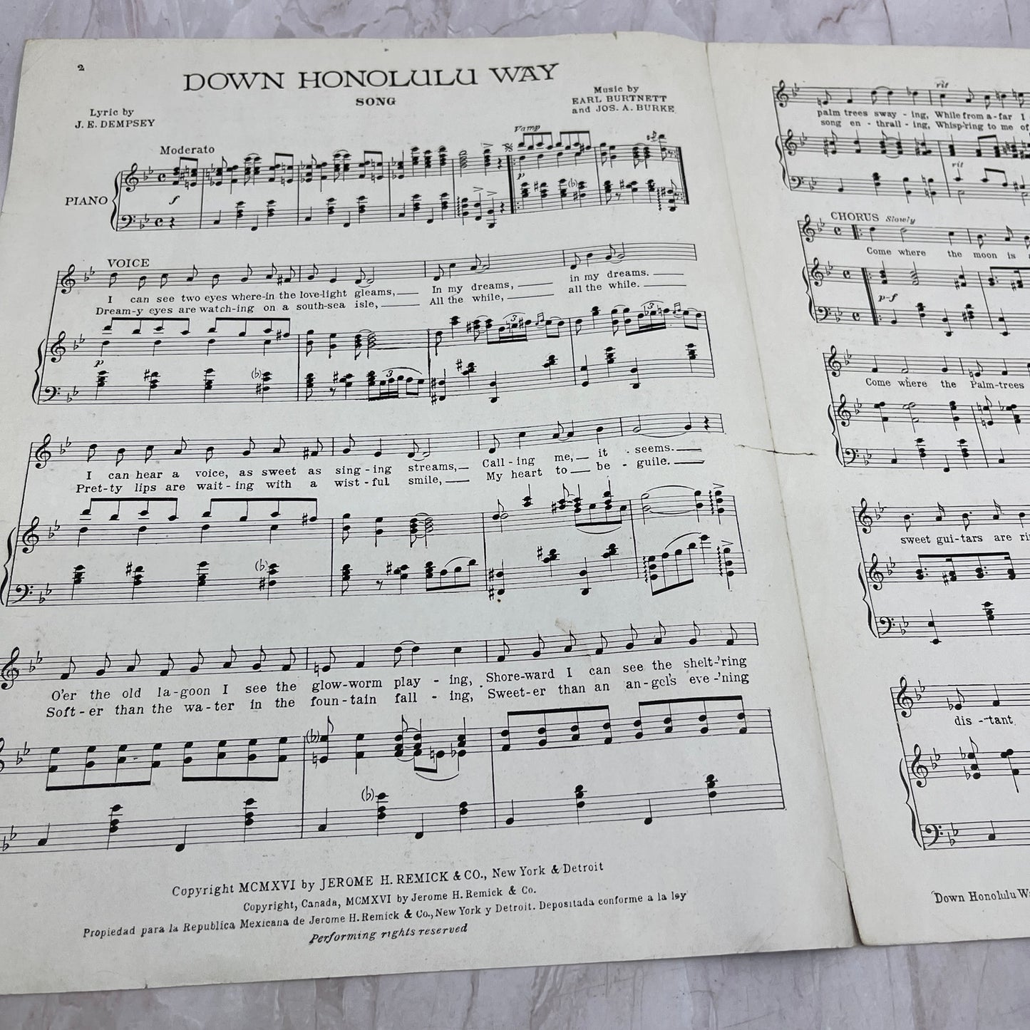 1916 Down Honolulu Way J.E. Dempsey Earl Burtnett Antique Sheet Music Ti5