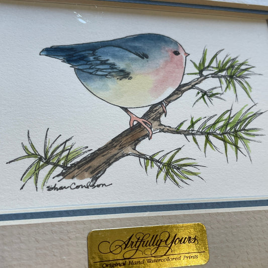 Chubby Blue Wren Bird 5x7 Matted Print Hand Watercolor, Signed Shar Coulson