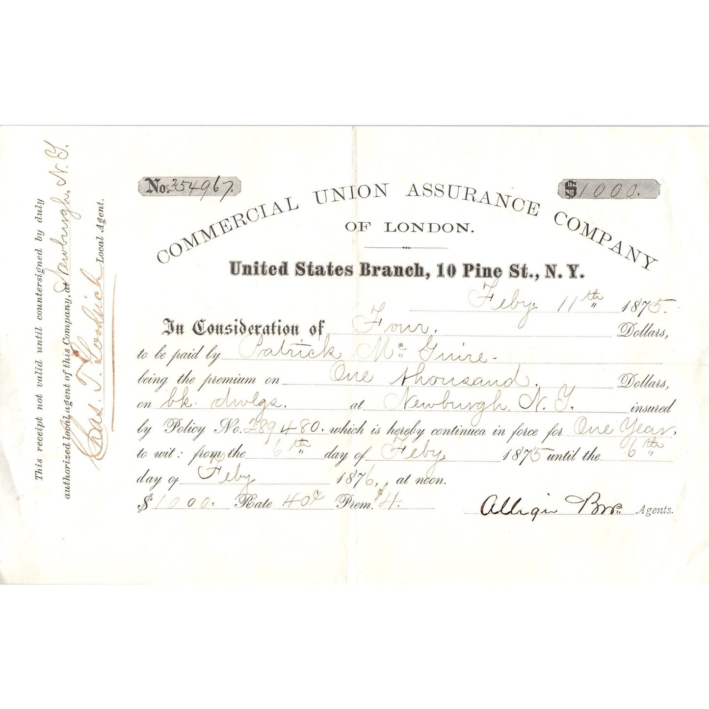 1875 Commercial Union Assurance Co of London Pine St NY Receipt Letterhead D24