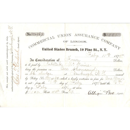 1875 Commercial Union Assurance Co of London Pine St NY Receipt Letterhead D24