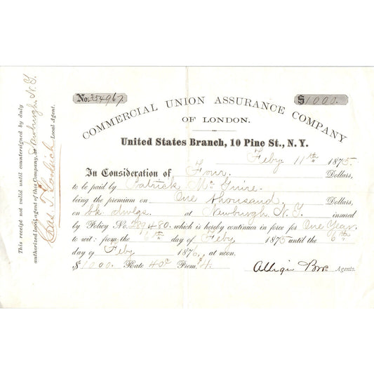 1875 Commercial Union Assurance Co of London Pine St NY Receipt Letterhead D24