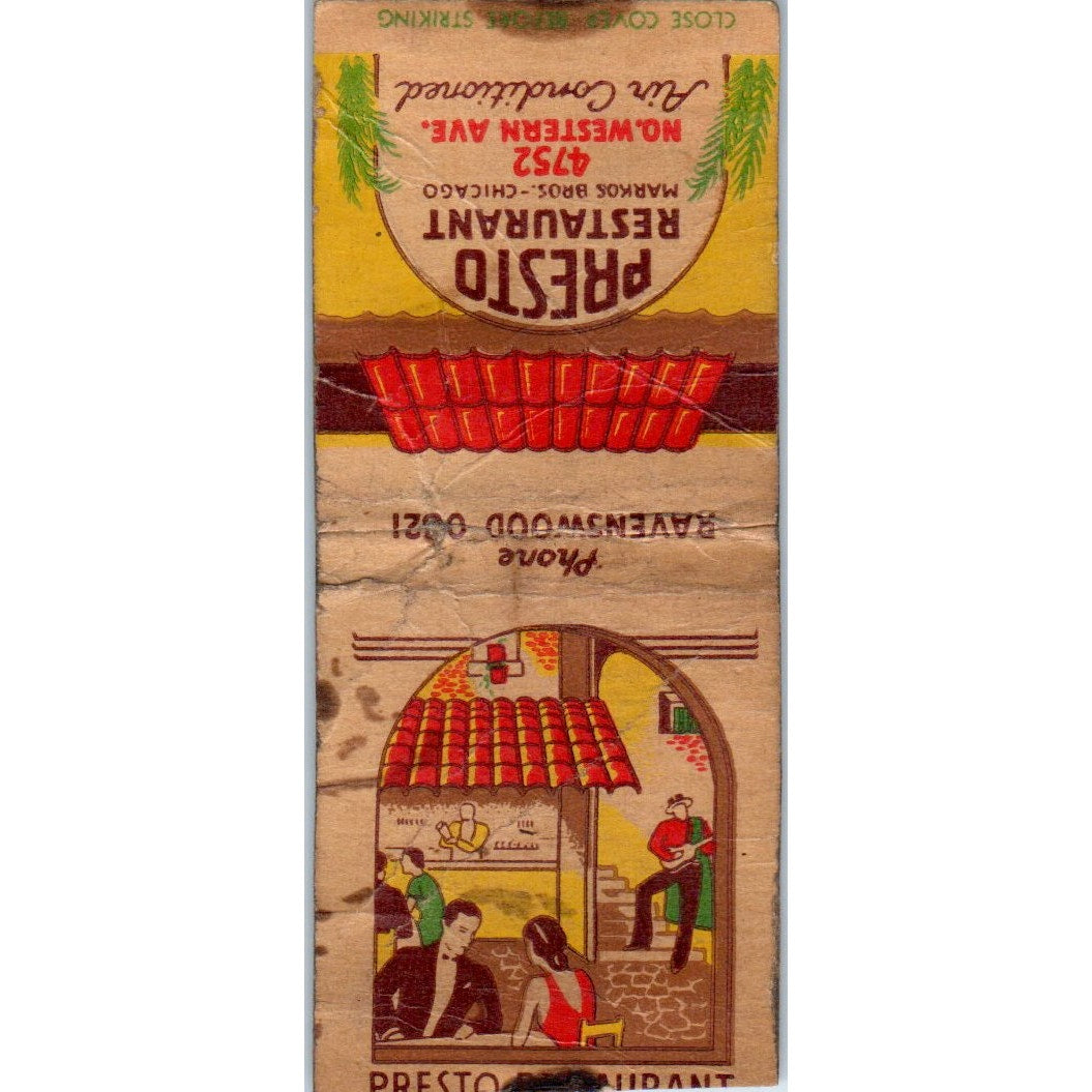Presto Restaurant Markos Bros Chicago Vintage Matchbook Cover SD2-Y13
