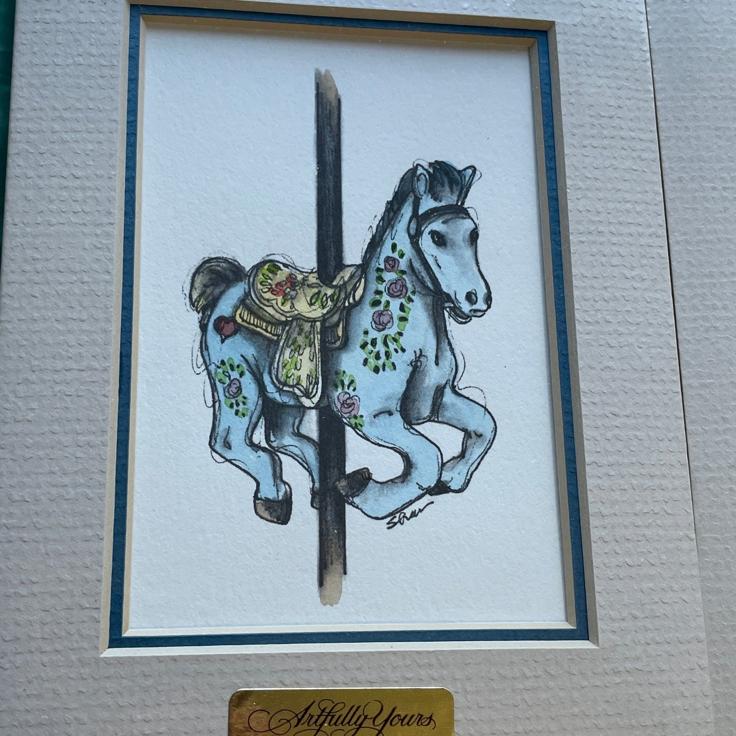 Blue Carousel Horse 5x7 Matted Print Hand Watercolor, Signed Shar Coulson