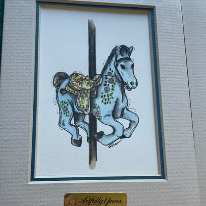 Blue Carousel Horse 5x7 Matted Print Hand Watercolor, Signed Shar Coulson