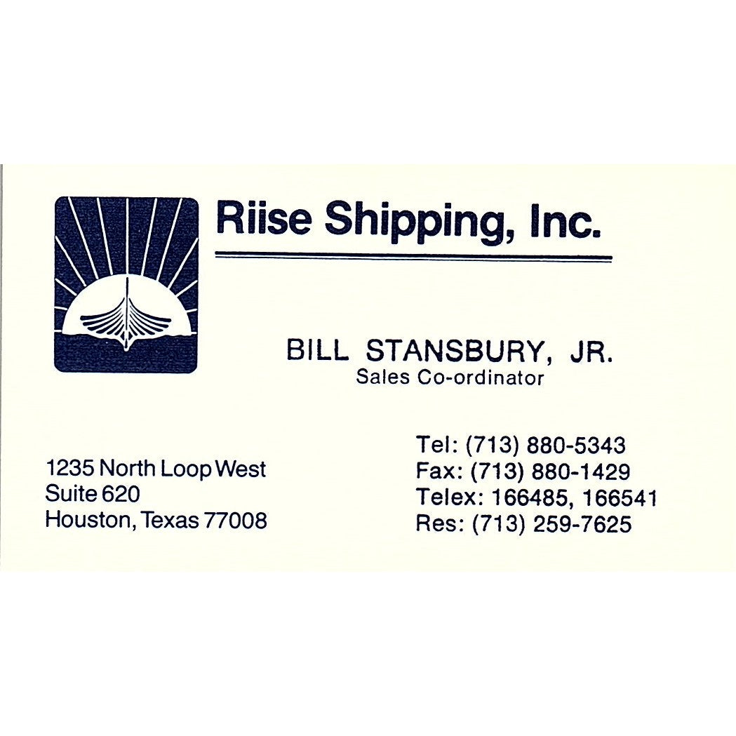 Bill Stansbury Jr Riise Shipping Inc Houston Vintage Business Card SC9-B8