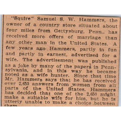 Samuel S.W. Hammers Squire Marriage Offers Hartford 1901 Newspaper Ad AD8-HS3