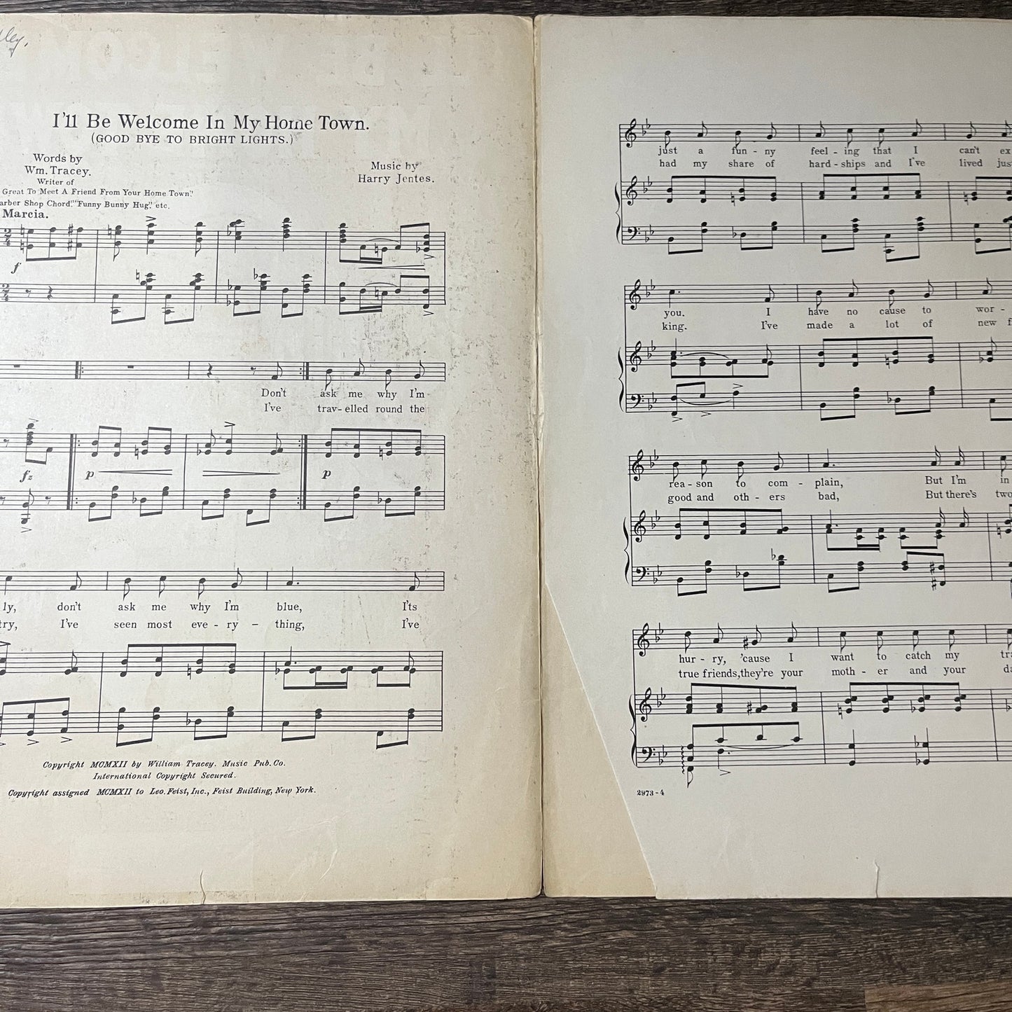 I'll Be Welcome in My Home Town Wm. Tracey Harry Jetes 1912 Sheet Music V13