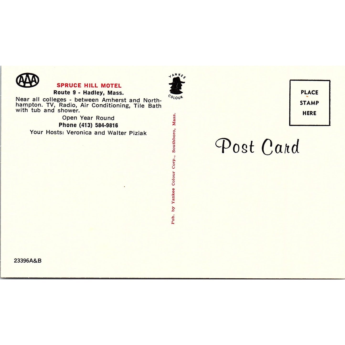 Spruce Hill Motel Hadley MA Vintage Postcard TH2-TB3