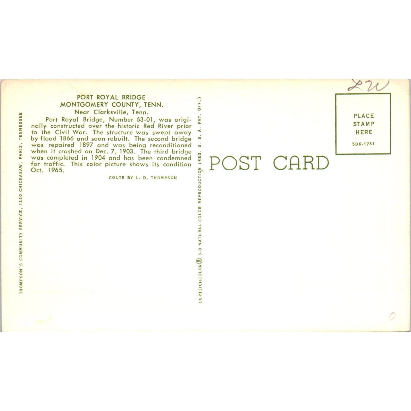 Port Royal Bridge Montgomery County TN Vintage Covered Bridge Postcard PC12