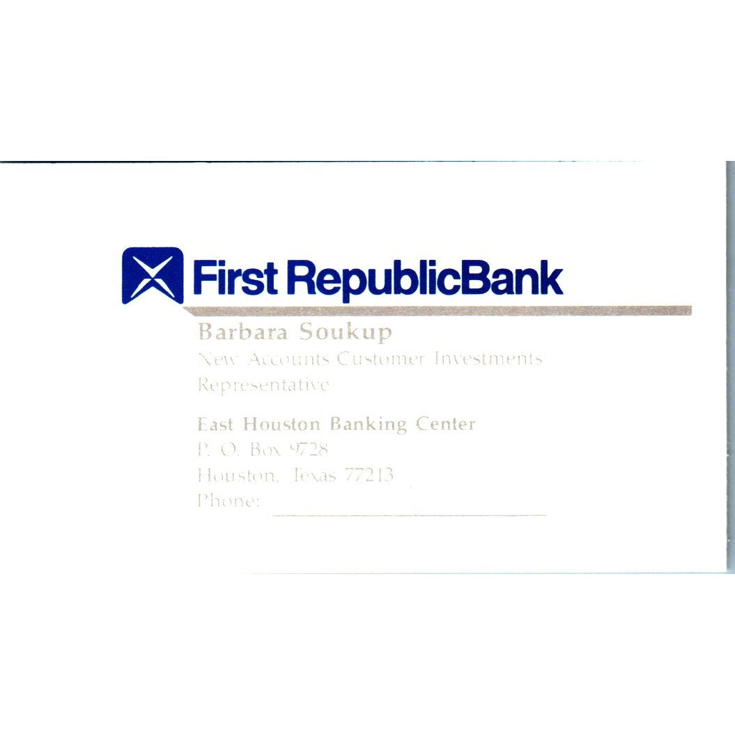 Barbara Soukup First Republic Bank Houston TX Vintage Business Card SE3-B8