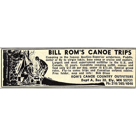 Bill Rom's Canoe Trips Bob Olson Ely MN 1977 Ad AF6-M1