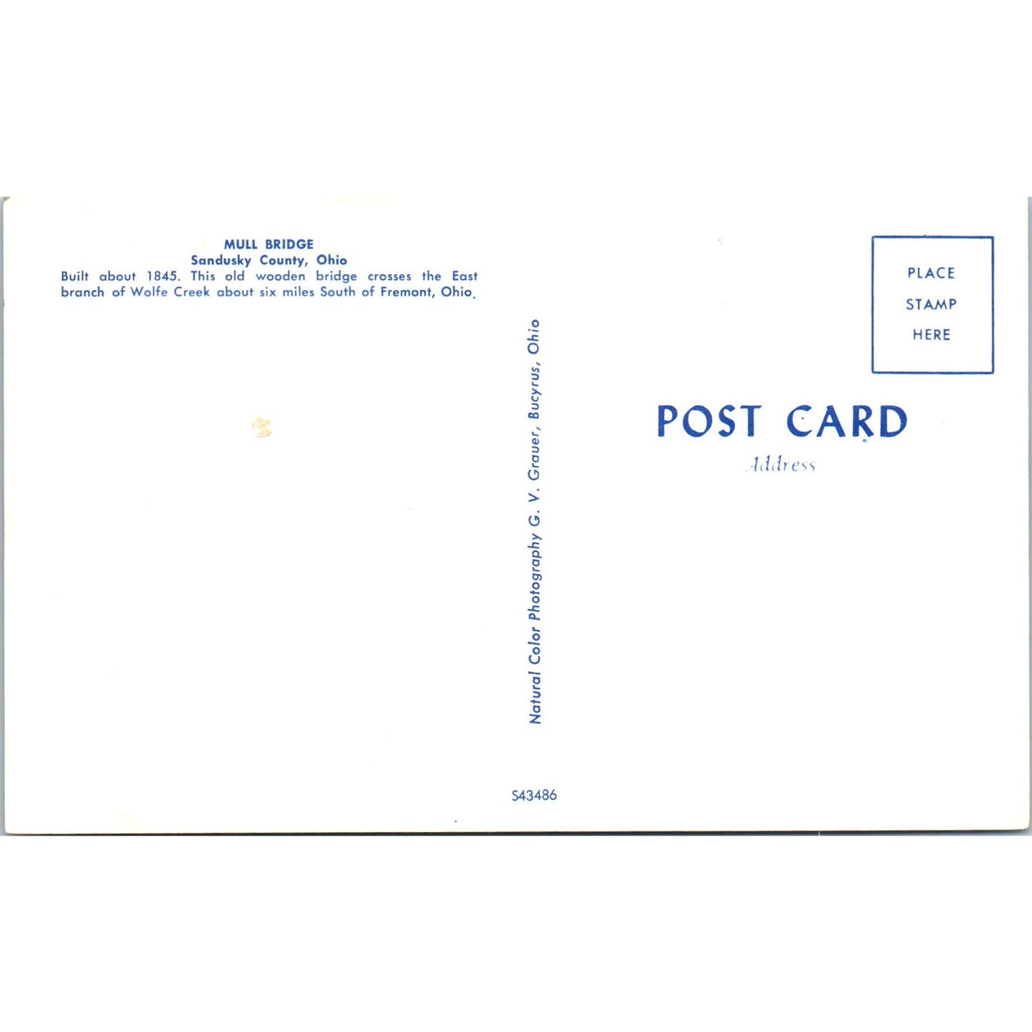 Mull Bridge Sandusky County Ohio Wolfe Creek Covered Bridge Postcard PC2