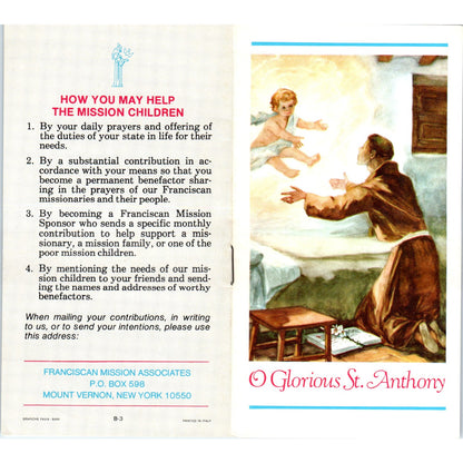 O Glorious St. Anthony Vintage Catholic Prayer Leaflet TH2-PC2