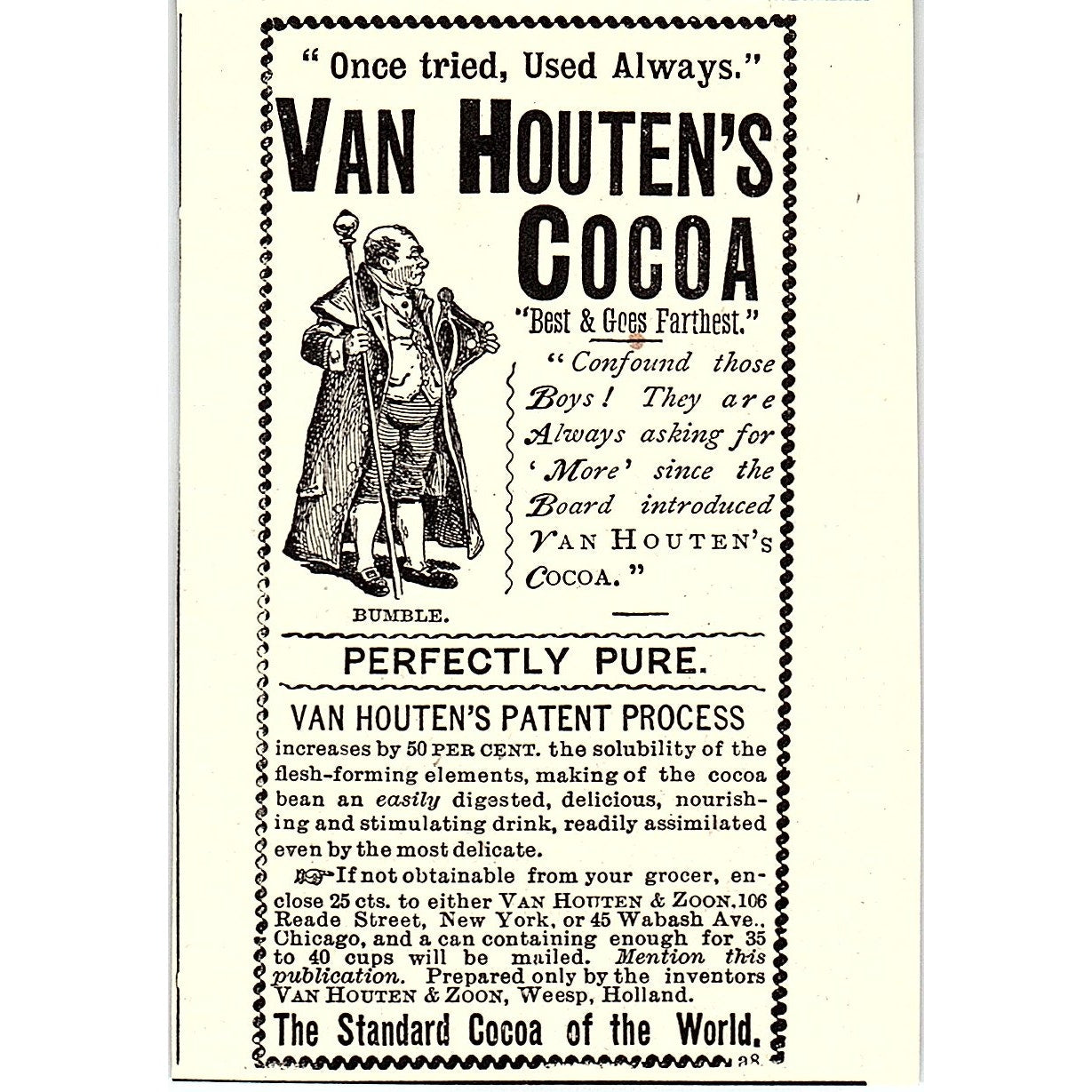 Van Houten's Cocoa Bumble Van Houten & Zoon Weesp Holland 1892 Ad AG2-M9