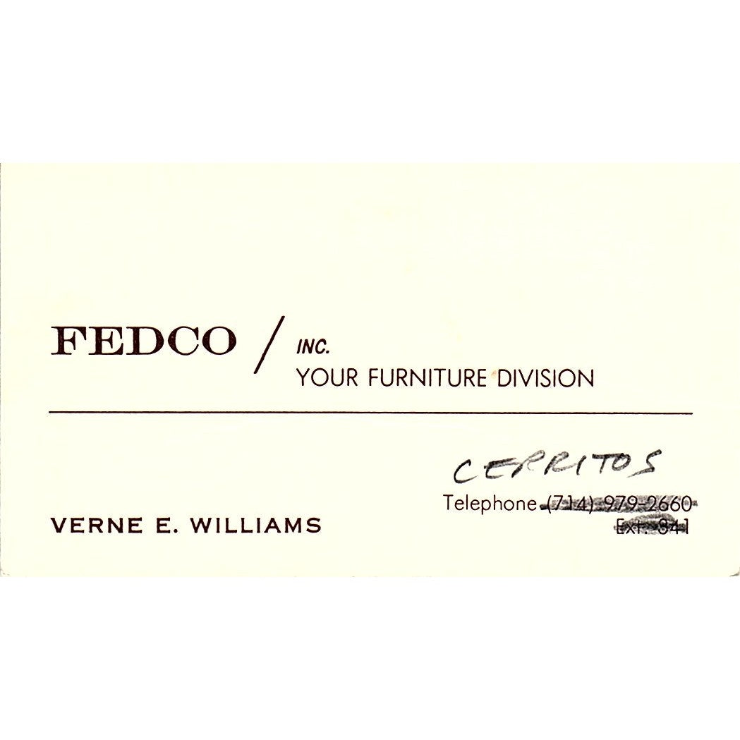 Fedco Inc Furniture Verne E. Williams Cerritos CA Vintage Business Card SF3-B2