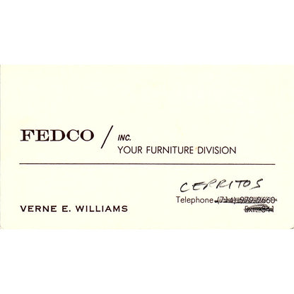 Fedco Inc Furniture Verne E. Williams Cerritos CA Vintage Business Card SF3-B2