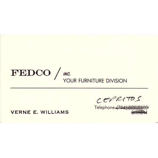 Fedco Inc Furniture Verne E. Williams Cerritos CA Vintage Business Card SF3-B2