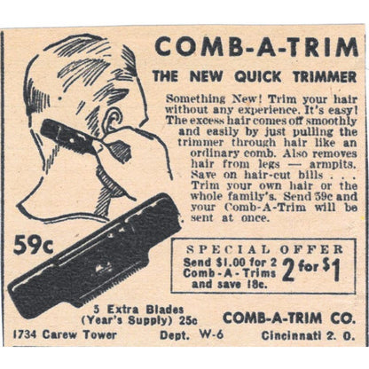 Comb-A-Trim Co Hair Trimmer Cincinnati OH 1943 Magazine Ad AB9-NPG