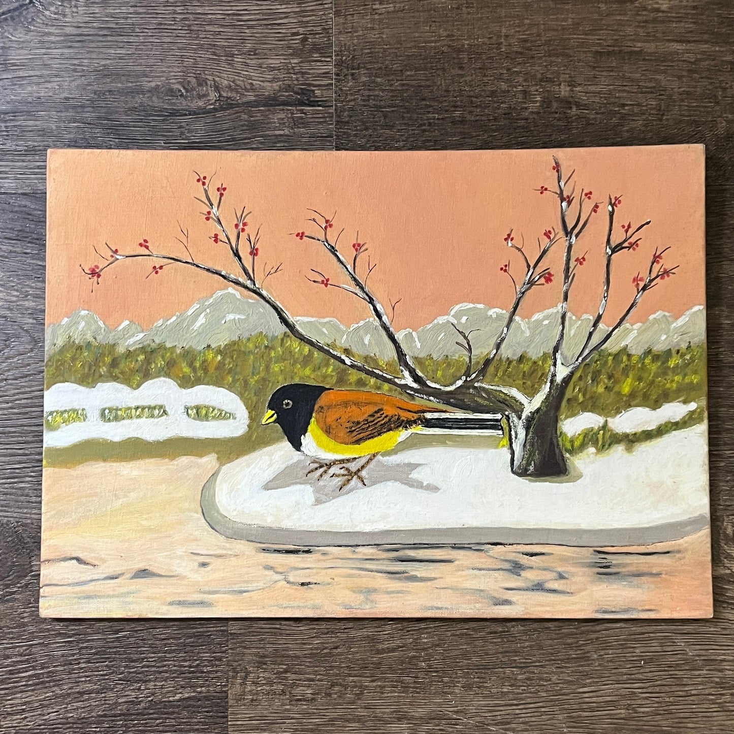 Retro Kitsch Western Spotted Towhee Bird Original Painting Canvas Panel 10x14 V3