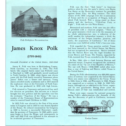 Vintage President James K. Polk Birthplace Pineville NC Brochure TF4-B3