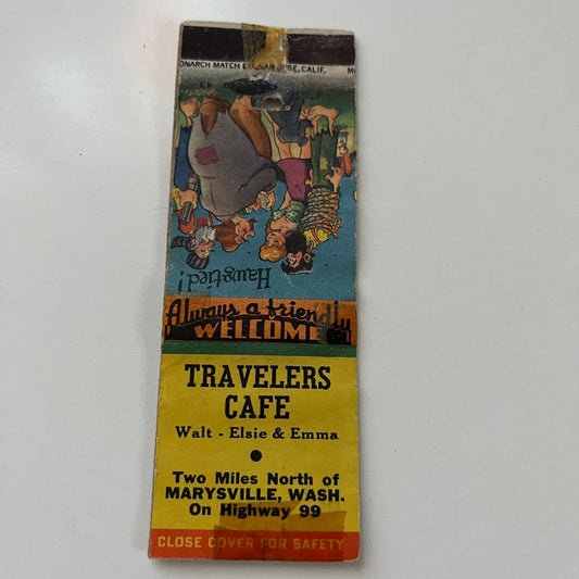 Travelers Cafe Walt, Elsie & Emma Marysville WA Vtg Menu Matchbook Cover MB29-4