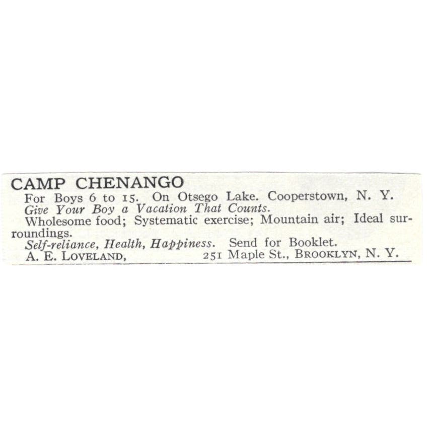 Camp Chenango Otsego Lake Cooperstown A.E. Loveland c1918 Advertisement AE5-SV2