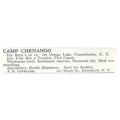Camp Chenango Otsego Lake Cooperstown A.E. Loveland c1918 Advertisement AE5-SV2